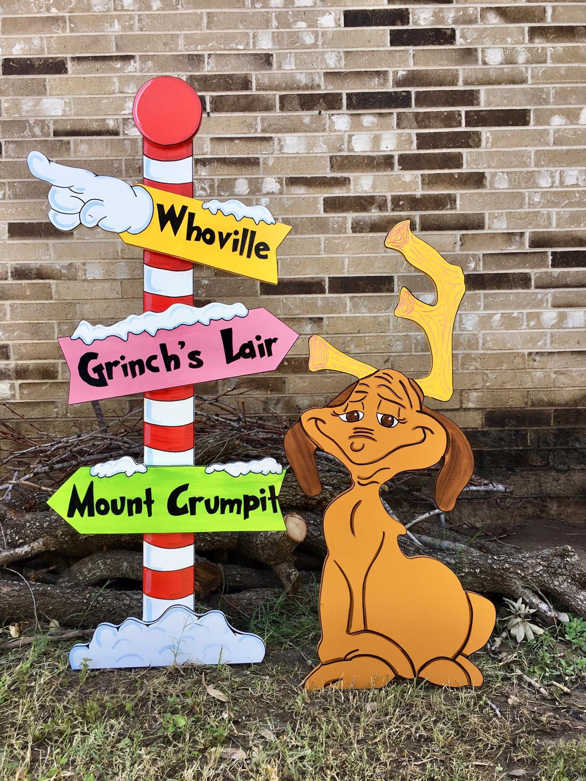 Village Directional Pole Sign Max the Reindeer Yellow Antlers WOOD Yard Art Decorations