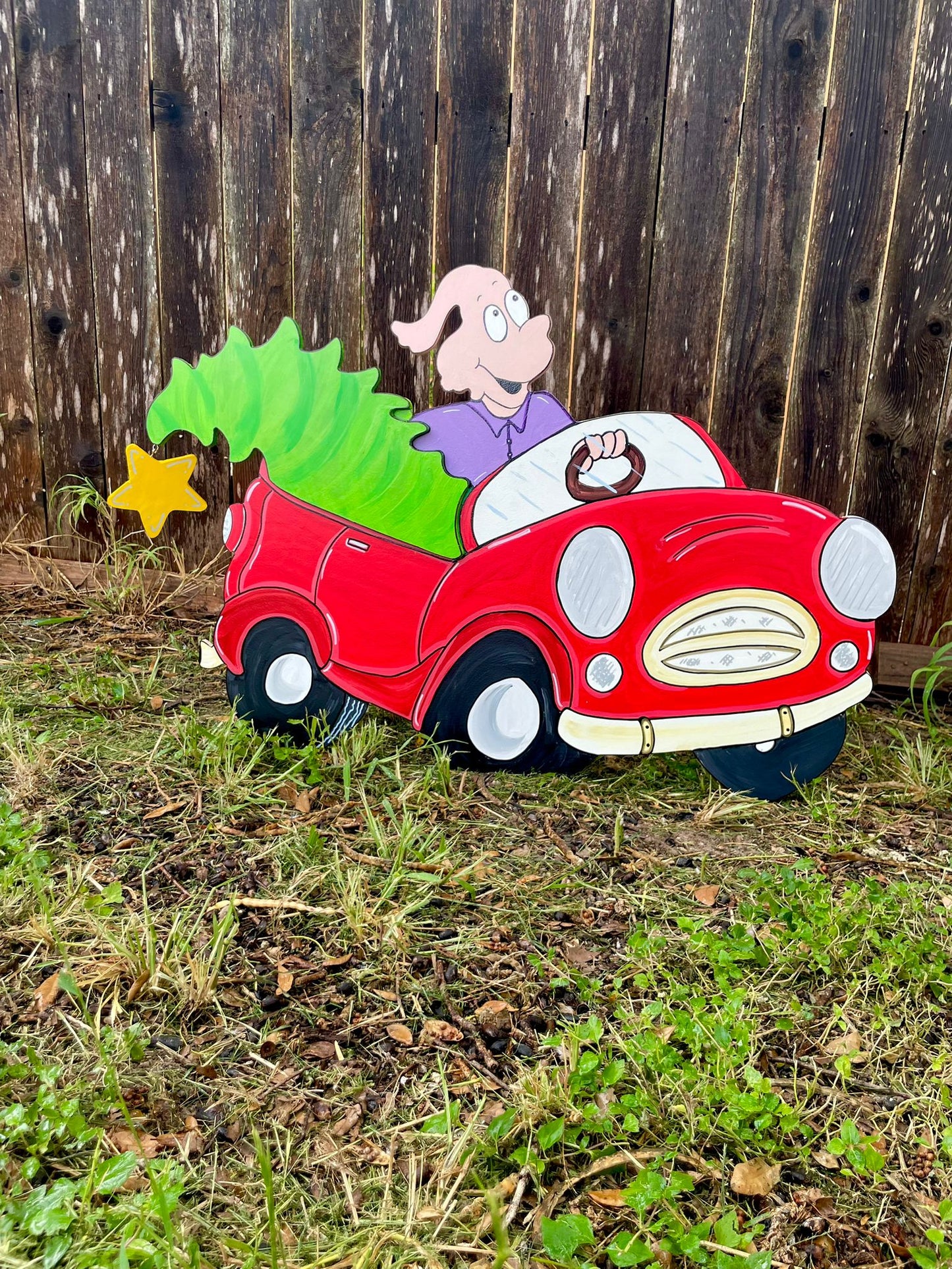 Village Car carrying Christmas Tree 3D effect with Traffic Lights WOOD Yard Art Decorations