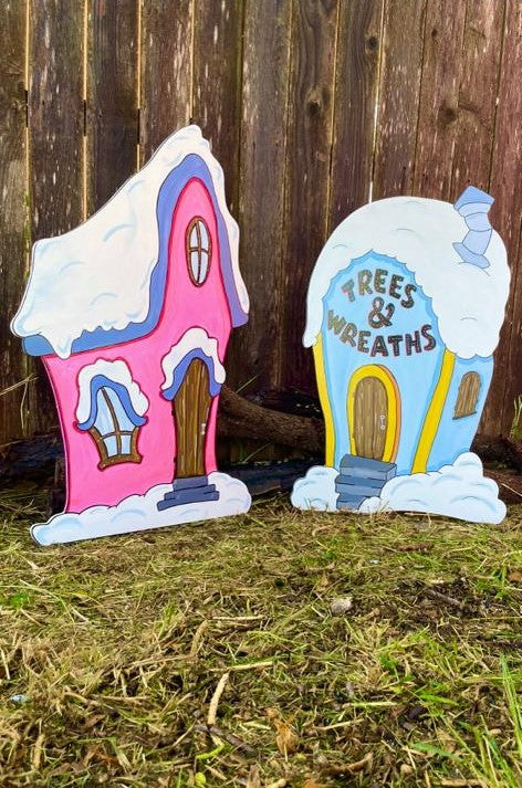 Village Houses and Sleigh WOOD Yard Art Decorations