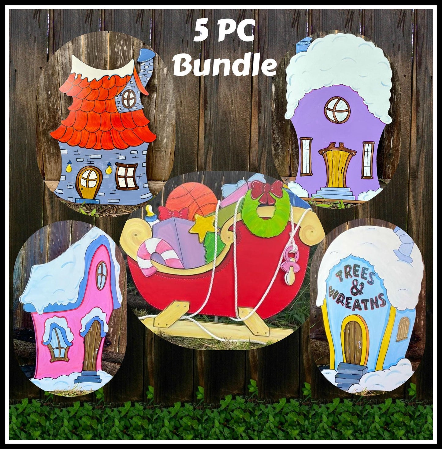 Village Houses and Sleigh WOOD Yard Art Decorations