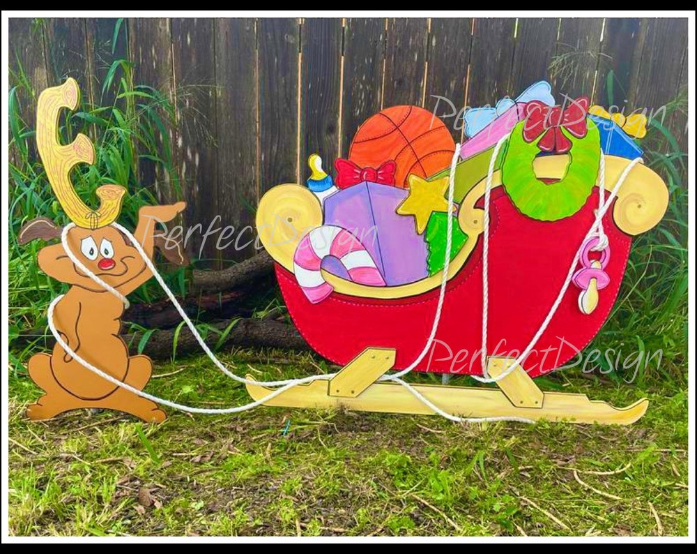 Village Sleigh Whimsical 3D Wooden with Tangled Max the Reindeer WOOD Yard Art Decorations