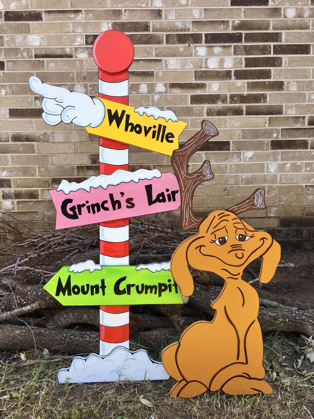 Whoville Tree Pole Sign and Max the Reindeer Yard Art Decor Bundle of 3