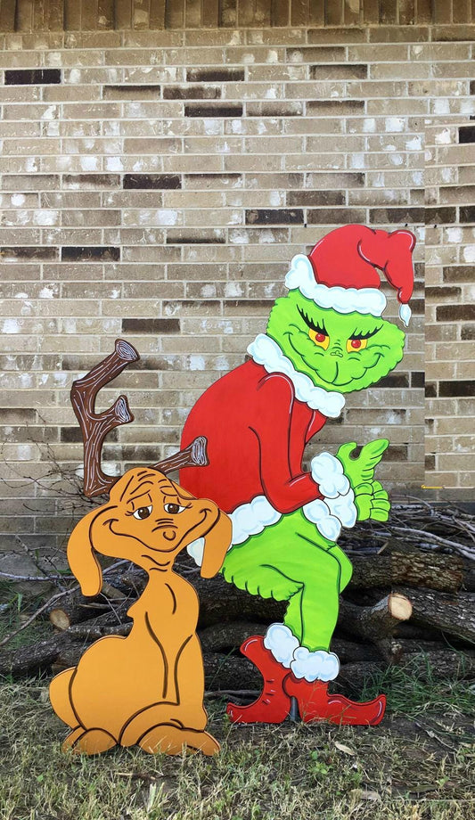 Grinch Stealing the Christmas Lights Max the Reindeer Yard Art Decor Bundle of 2