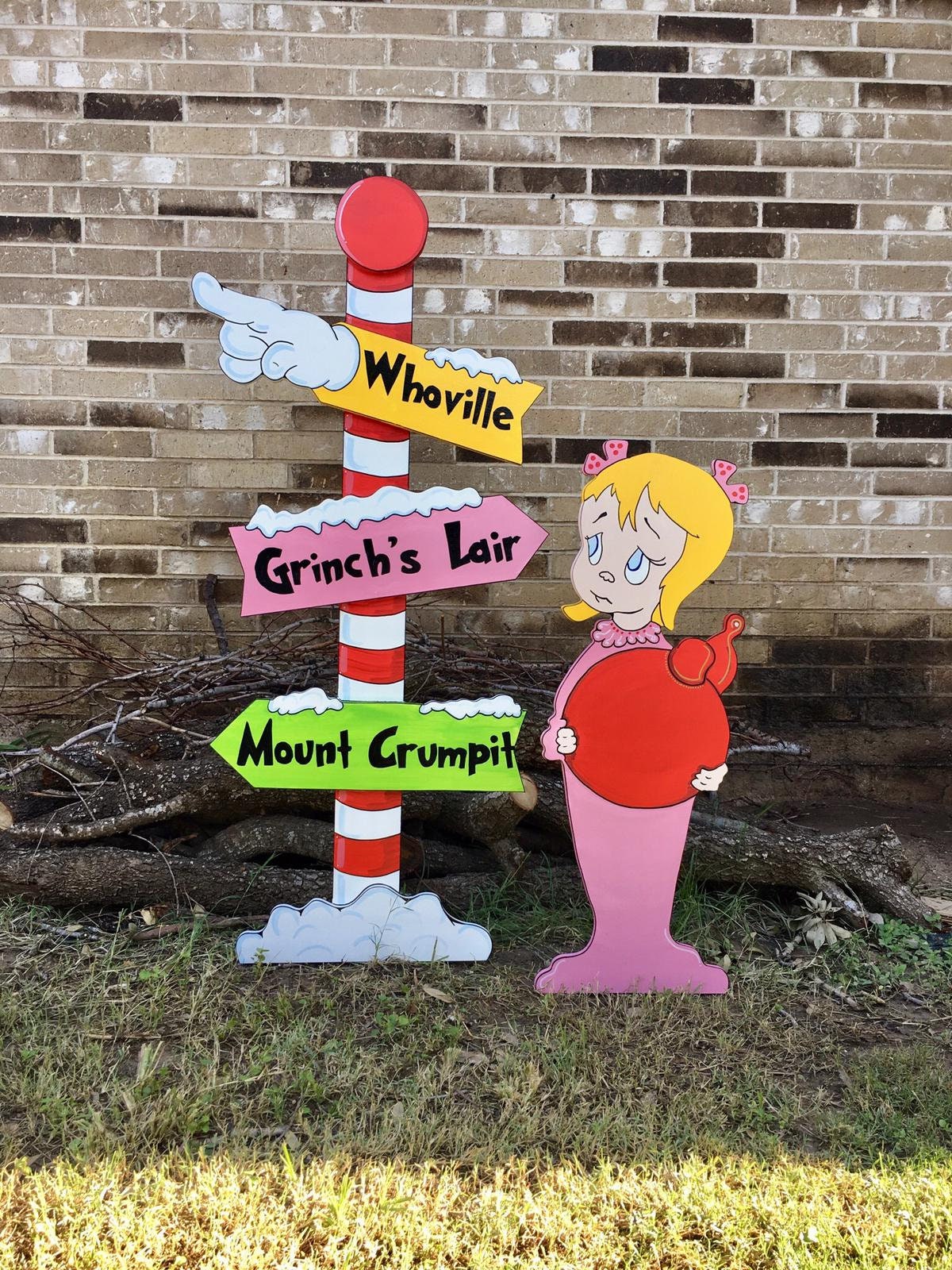 Whoville Pole Directional Sign Cindy Lou Who WOOD Yard Art Decorations Bundle of 2