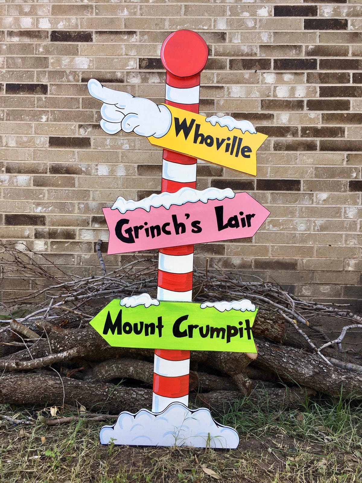 Grinch Stealing the Christmas Lights Cindy Lou Who Whoville Pole Sign Yard Art Decor Bundle of 3