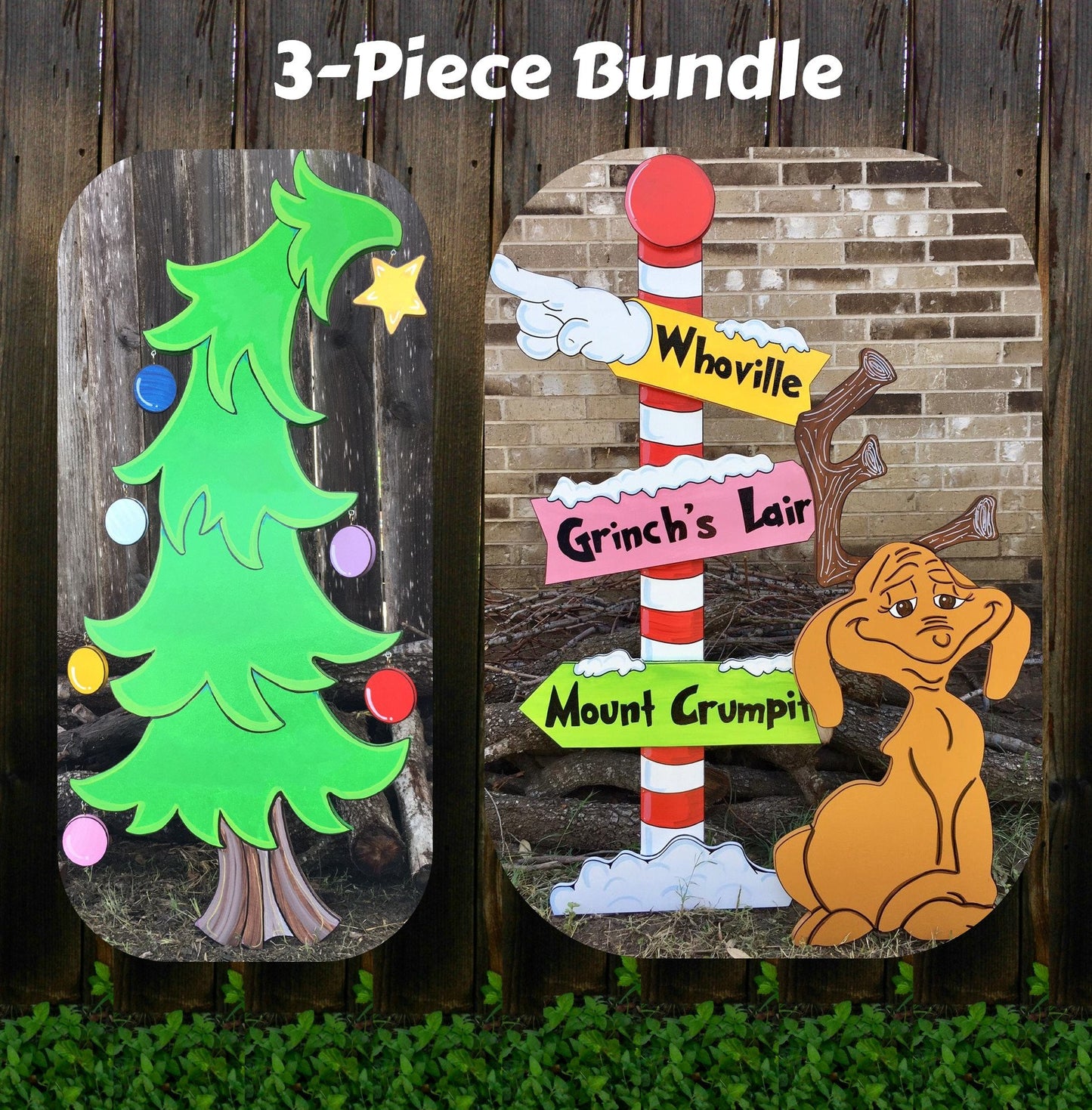 Whoville Tree Pole Sign and Max the Reindeer Yard Art Decor Bundle of 3