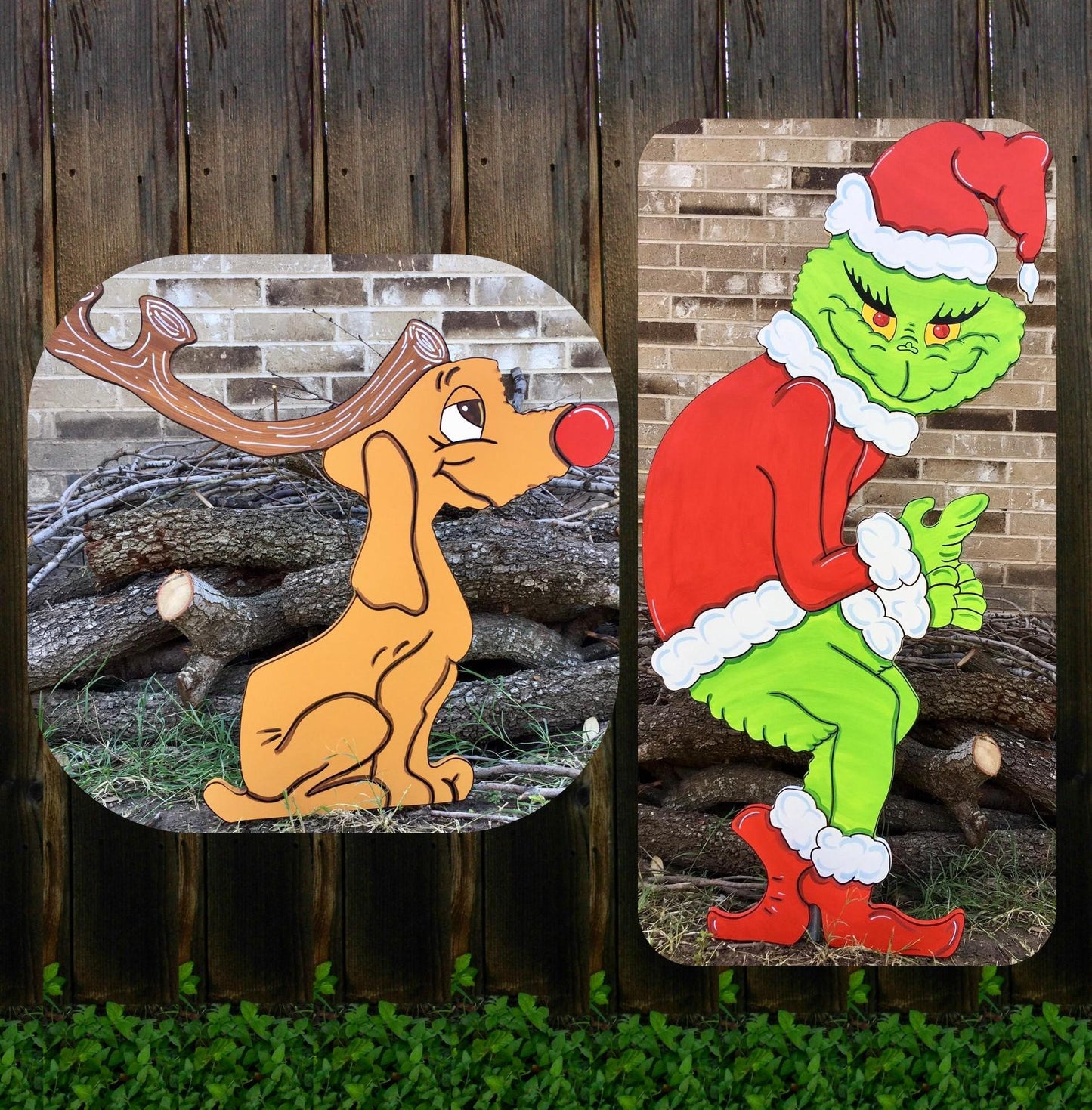 Grinch Stealing the Christmas Lights Max the Red Nose Reindeer WOOD Yard Art Decorations Bundle of 2