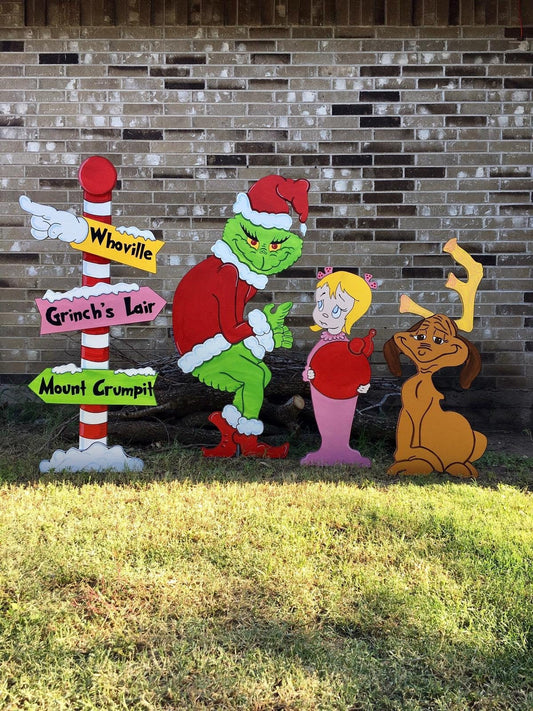 Grinch Stealing the Christmas Lights Max the Reindeer Cindy Lou Who Whoville Sign WOOD Yard Art Decorations Bundle of 4