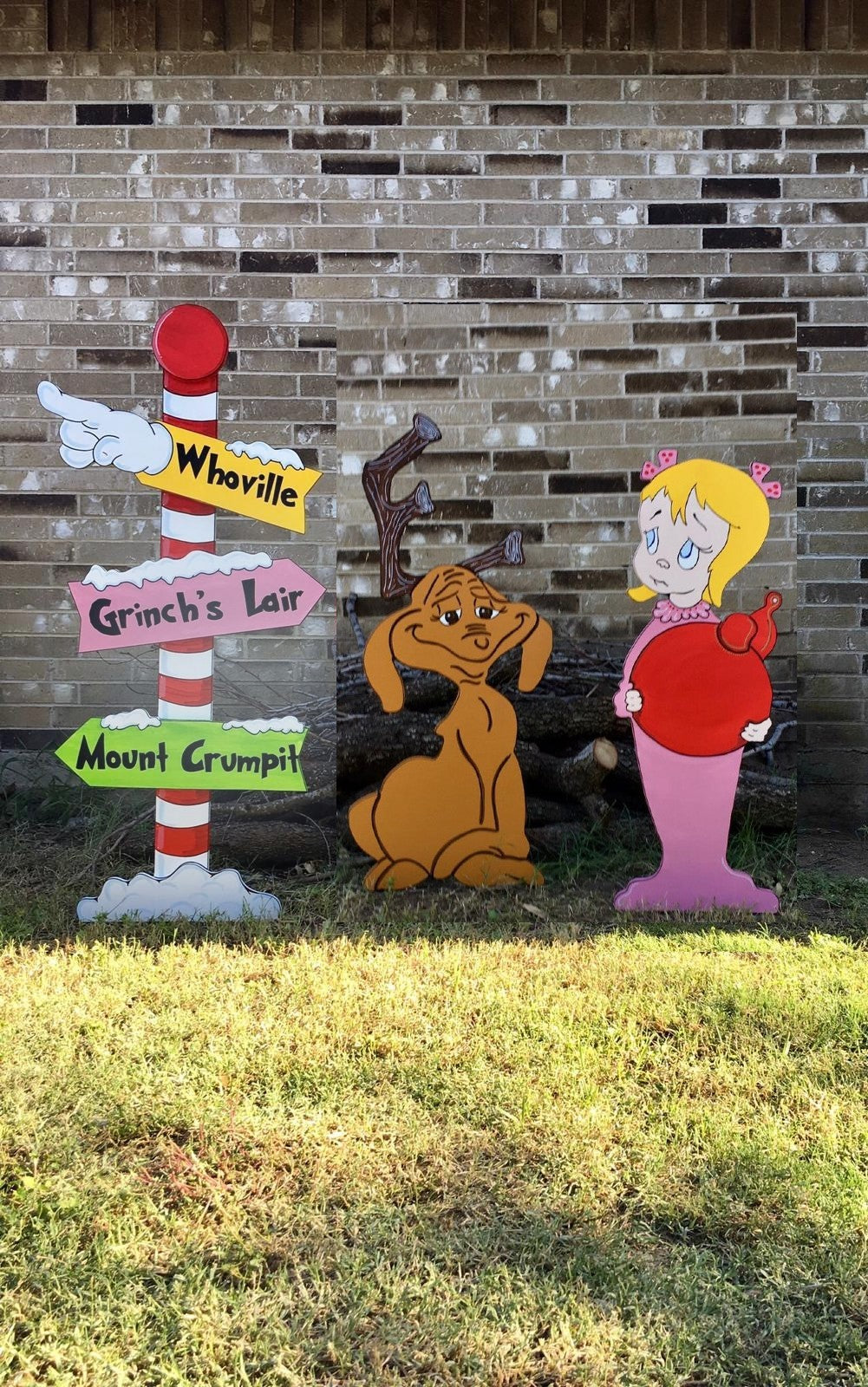 Village Directional Pole Sign Max the Reindeer Cindy Lou Who "But why, Mr. Grinch?" WOOD Yard Art Decorations