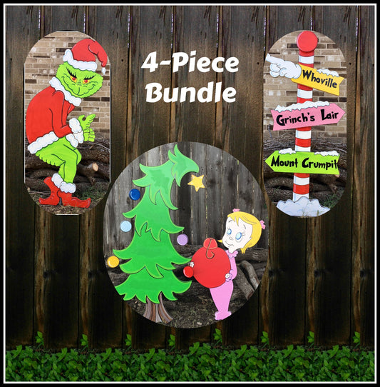 Grinch Stealing the Christmas Lights Cindy Lou Who Whoville Pole Sign Christmas Tree Yard Art Decor Bundle of 5 (Copy)