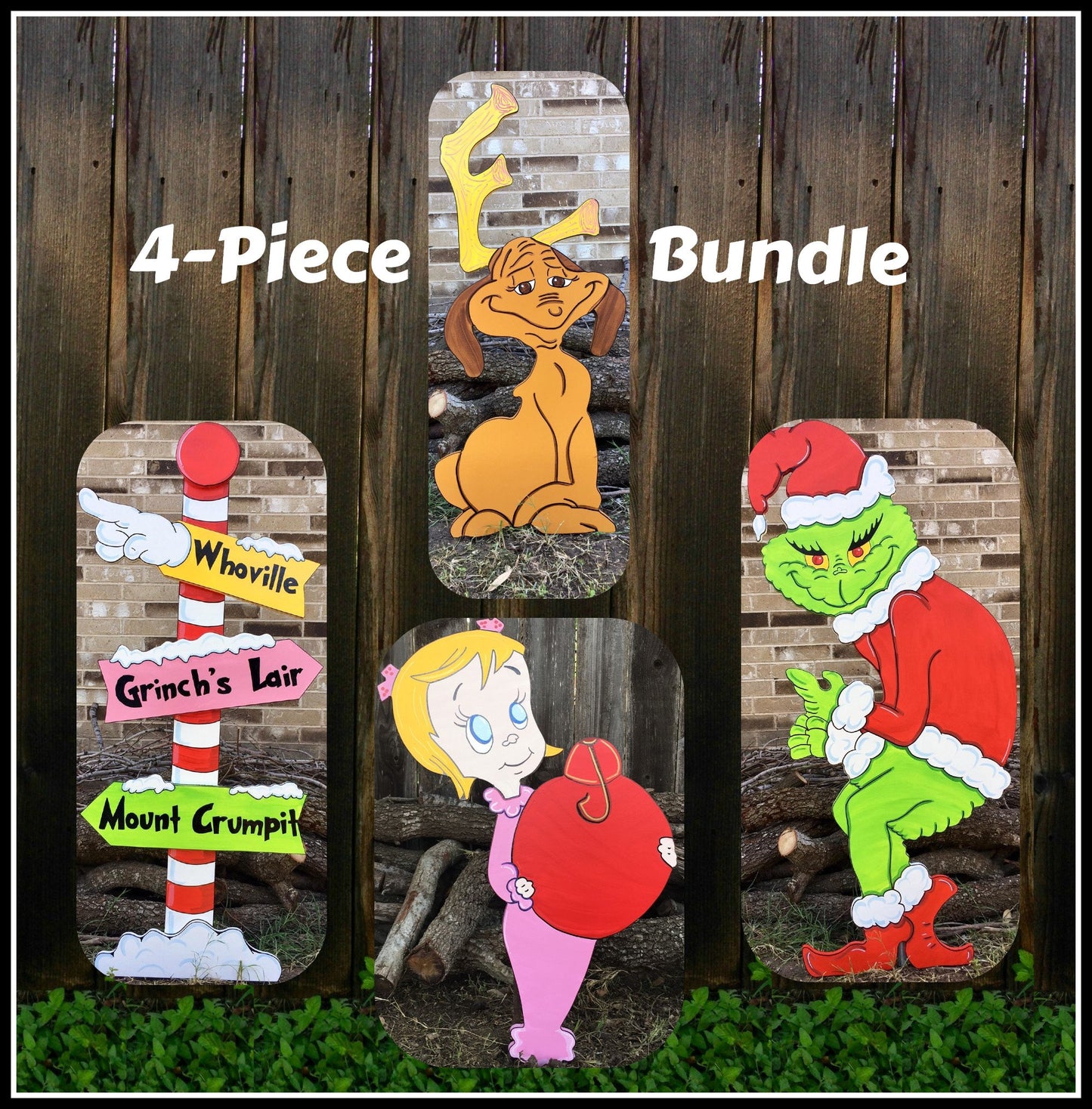 Grinch Stealing the Christmas Lights Whoville Pole Sign Max the Reindeer Cindy Lou Who Wood Yard Art Decorations Bundle of 4