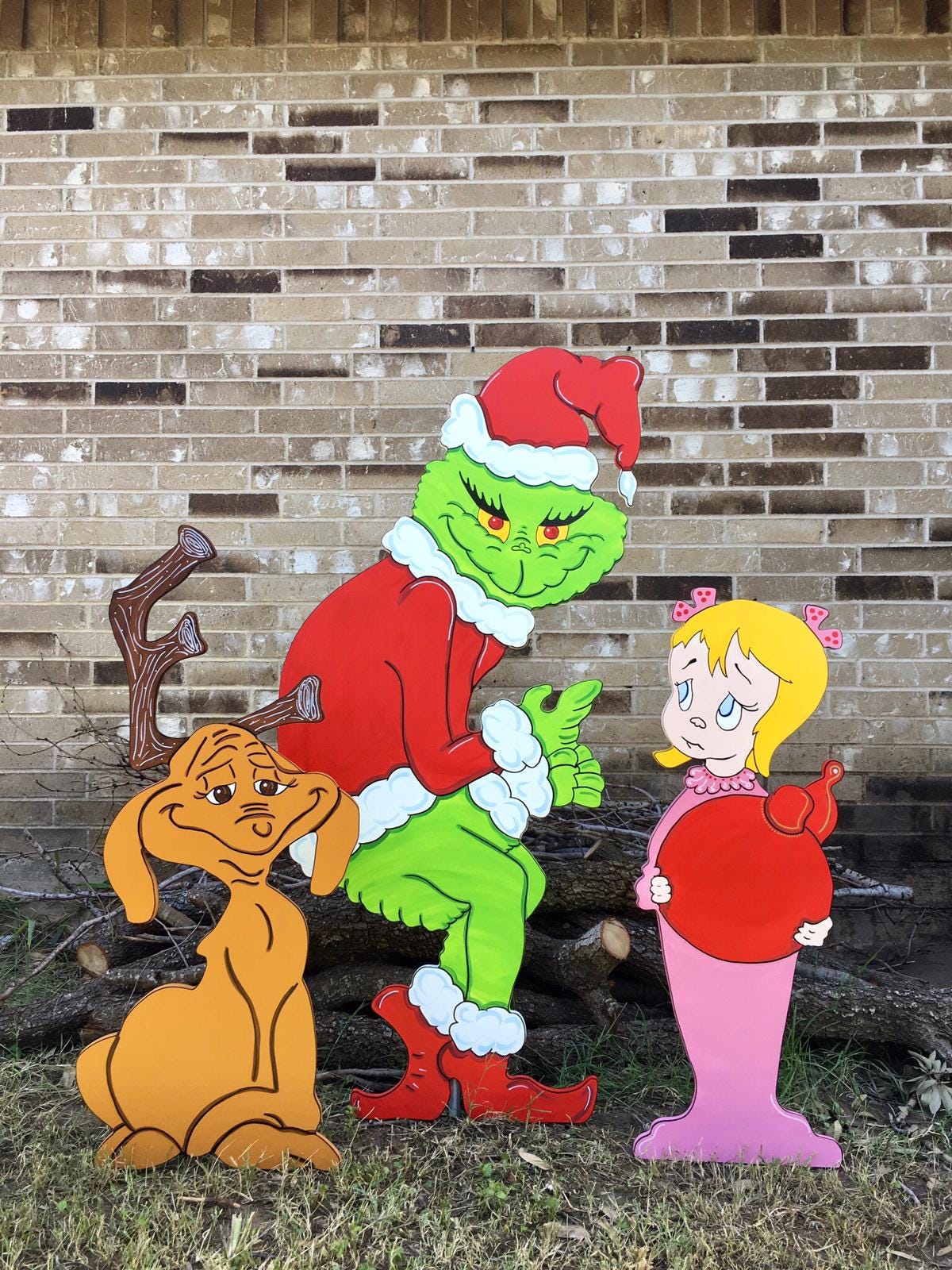 Grinch Stealing the Christmas Lights Max the Reindeer Cindy Lou Who WOOD Yard Art Decor Bundle of 3