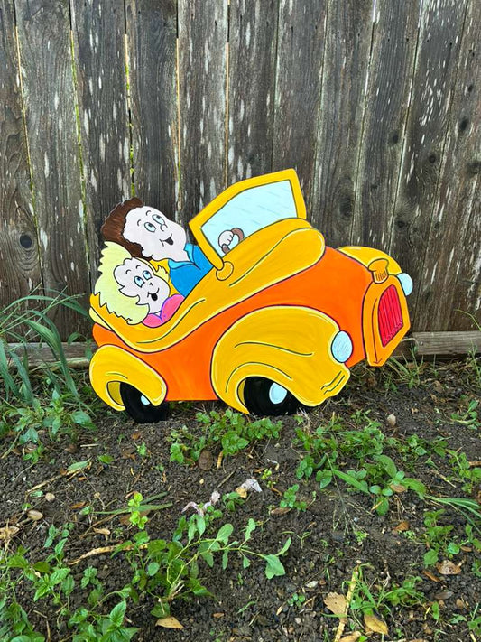 NEW Village Orange Yellow Car WOOD Yard Art Decoration