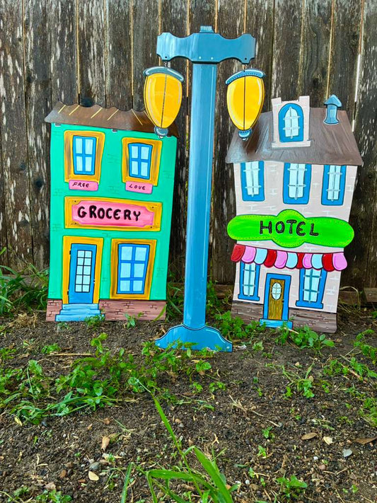 NEW Whoville Christmas Grocery Hotel Street Lamp WOOD Lawn Yard Art Decorations Bundle of 3