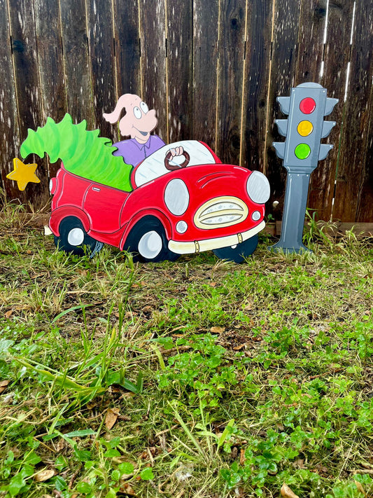 Whoville Red Car carrying Christmas Tree 3D effect with Traffic Lights Wooden Yard Art Decorations 2 Piece Bundle