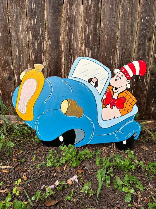 NEW Village Blue Car Storybook Character WOOD Yard Art Decoration