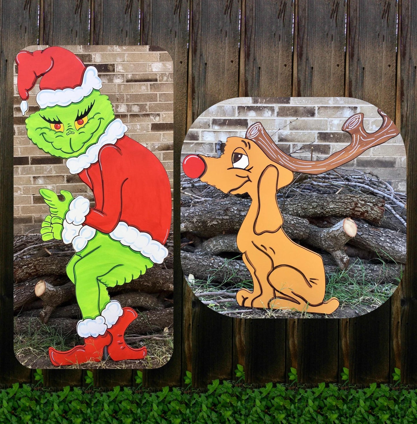 Grinch Stealing the Christmas Lights Max the Red Nose Reindeer WOOD Yard Art Decorations Bundle of 2