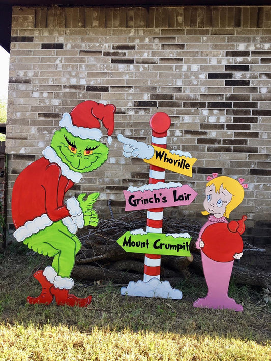 Grinch Stealing the Christmas Lights Cindy Lou Who Whoville Pole Sign Yard Art Decor Bundle of 3