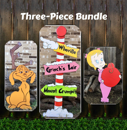 Whoville Sign Max the Reindeer Cindy Lou Who WOOD Yard Art Decorations Bundle of 3