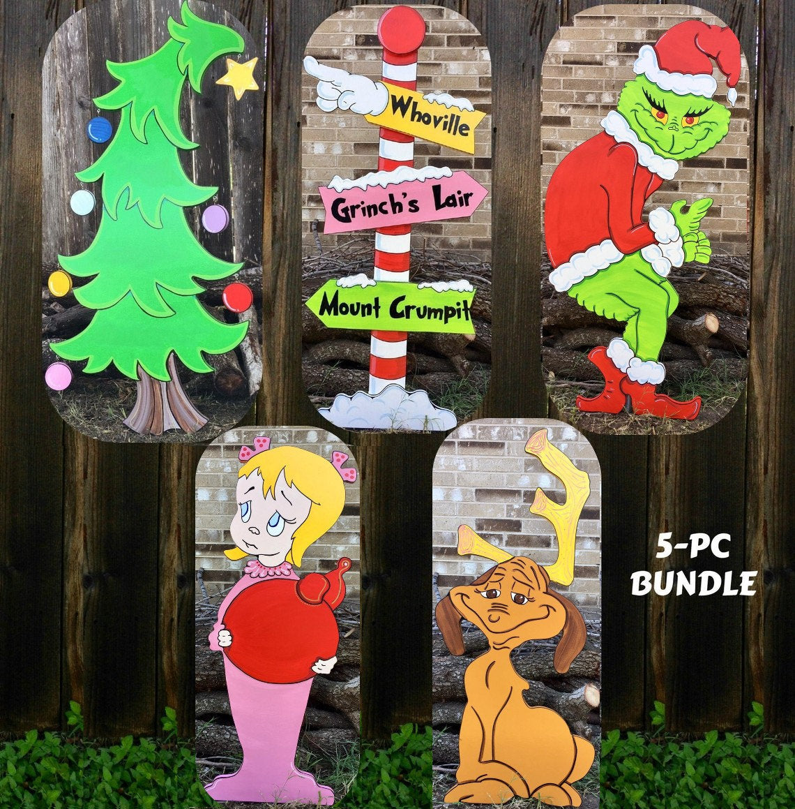 Grinch Stealing the Christmas Lights Max the Reindeer Cindy Lou Who Whoville Pole Sign Christmas Tree Yard Art Decor Bundle of 5